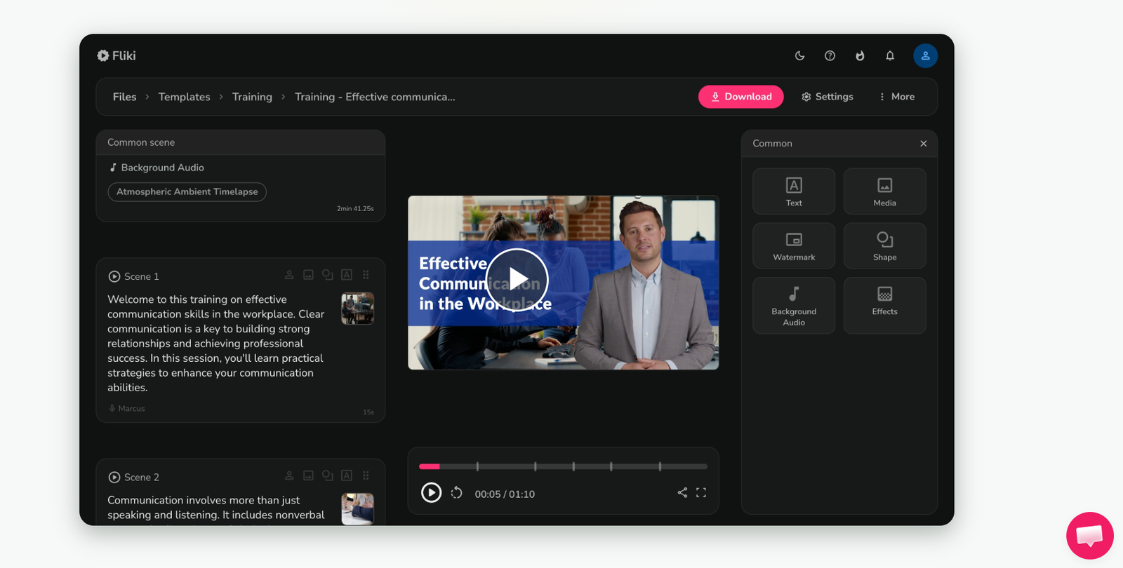 Fliki interface éditeur scène par scène text-to-video 2026