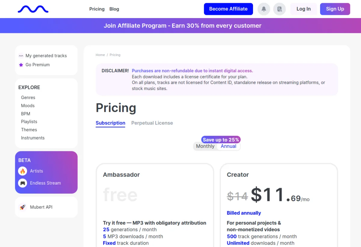 Mubert pricing - avis 2026