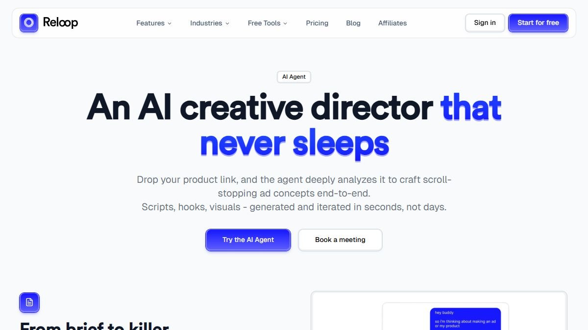 Seite reloop.so/features/ai-agent: der KI-Agent, der einen Produktlink in eine Anzeige verwandelt