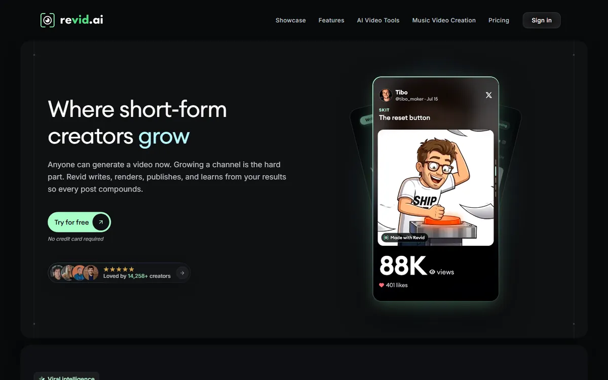 Page d'accueil de Revid : Where short-form creators grow, bouton Try for free