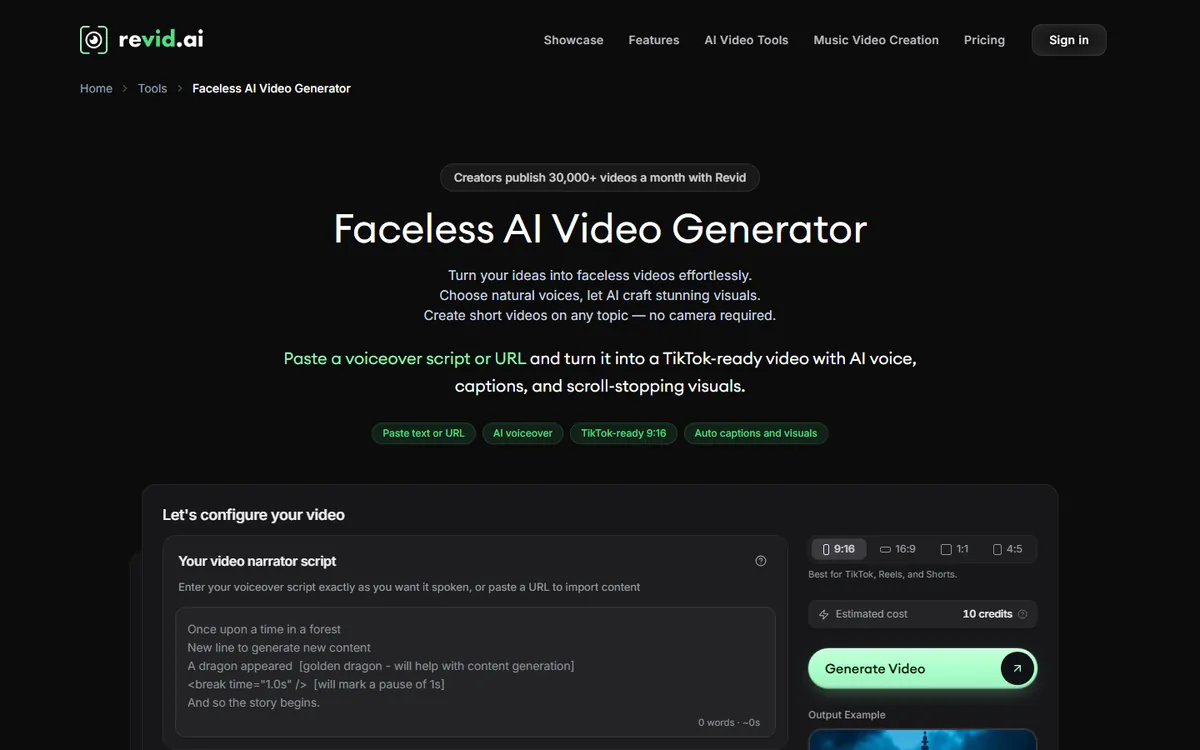 Générateur de vidéo faceless de Revid avec l'indication Estimated cost 10 credits