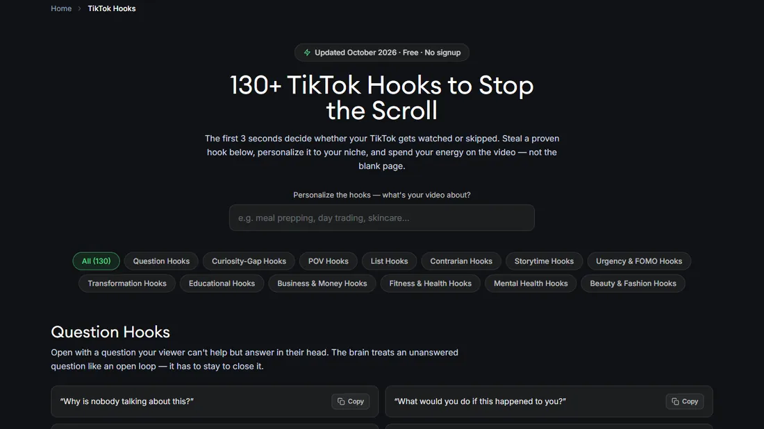 Page TikTok Hooks de Revid : 130+ accroches, mention Free et No signup