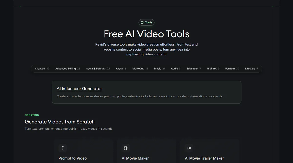 Page Tools de Revid : Free AI Video Tools et catégories Creation, Advanced Editing, Social & Formats
