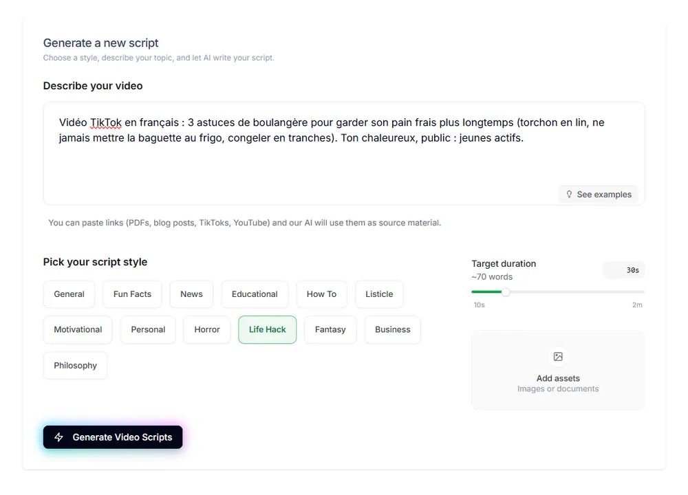 Générateur de script TikTok de Revid avec un brief en français sur le pain, style Life Hack, 30 secondes