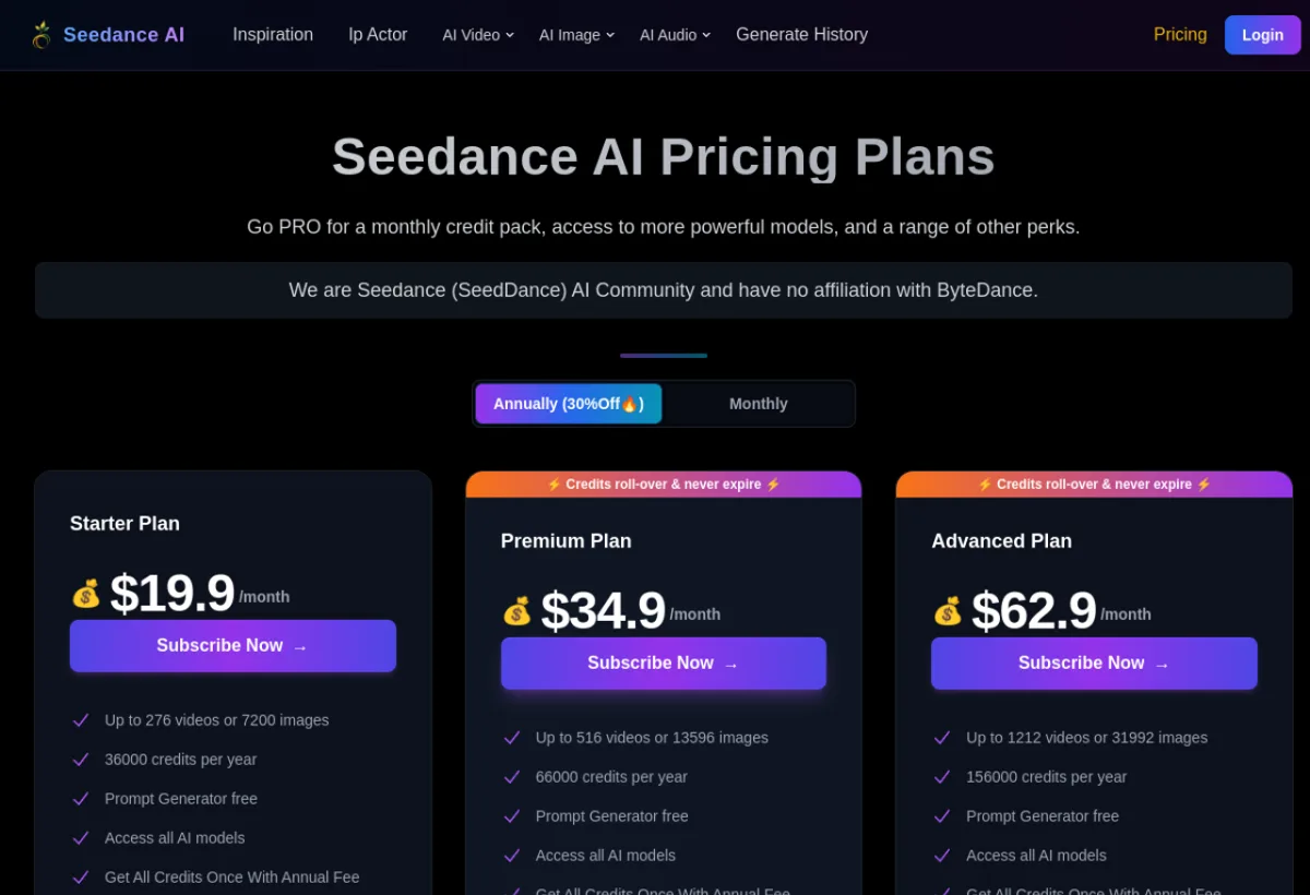 Seedance pricing - avis 2026