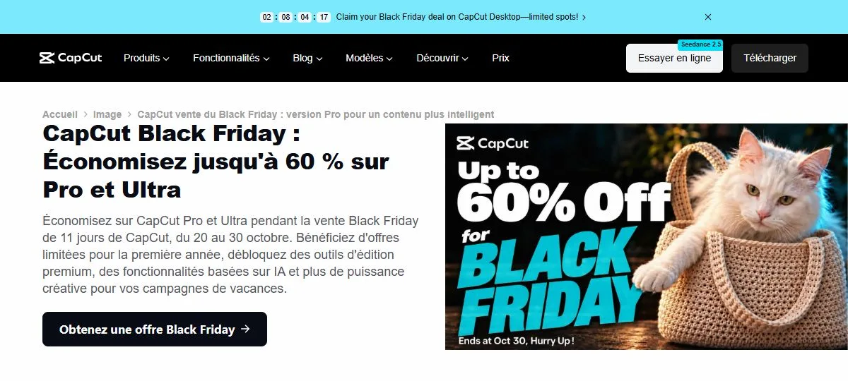 Page officielle de la vente Black Friday de CapCut annonçant jusqu'à 60 % de remise sur Pro et Ultra du 20 au 30 octobre