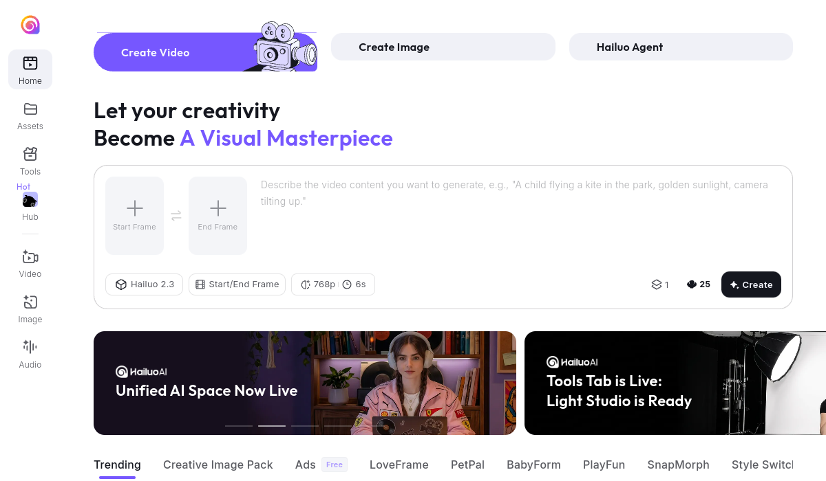 Interface de Hailuo AI dont le selecteur de modele affiche Hailuo 2.3 en 768p et 6 secondes