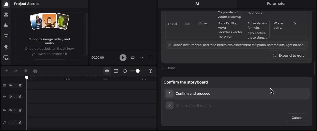 Carte de confirmation du storyboard de Fotor Video Agent avec une estimation en crédits