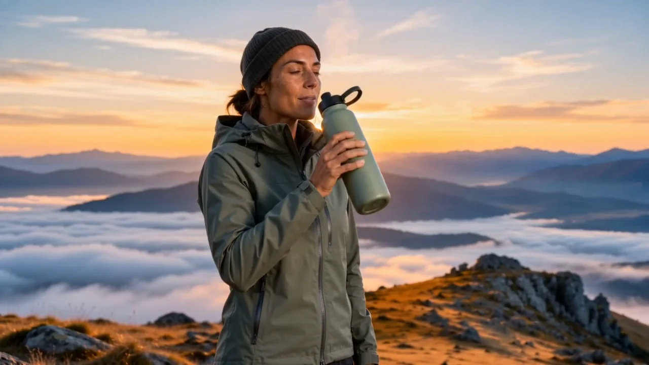 Plan de la publicité test : une randonneuse qui boit à une gourde vert sauge au lever du soleil